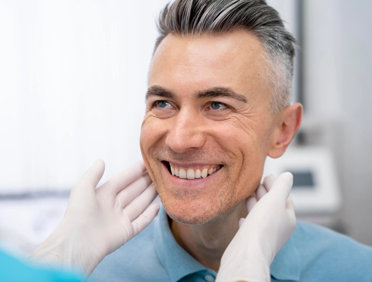 Smiling man with gray hair undergoing a medical checkup with a healthcare professional wearing white gloves.